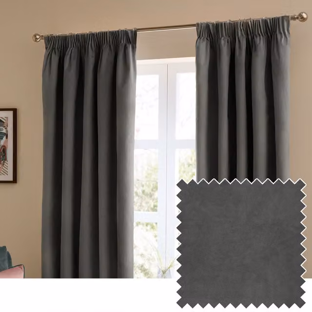 Make It A Home Charcoal Velvet Room Darkening Pencil Pleat Curtain Pair, Width: 137 cm, Height: 117 cm