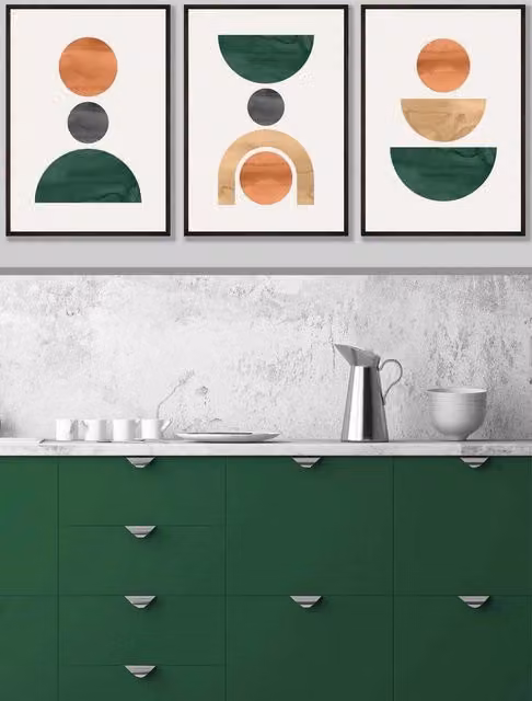 ARTZE Set of 3 Mid Century Abstract Graphical Shapes Wall Art in Green, Orange, Yellow and Grey with Black Wood Frames, W: 33 cm, H: 45 cm, D: 2 cm