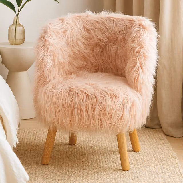 Orsina Pink Faux Fur Kids Chair with Rubberwood Legs