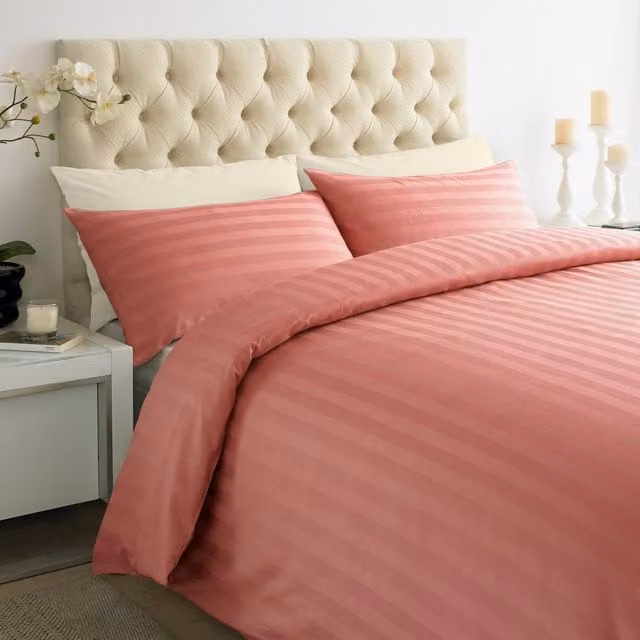 Roseley Peach and Pink Striped Mako Satin Cotton Duvet Cover and Pillowcase Set, 250TC, W/D/H: 200 x 200 cm