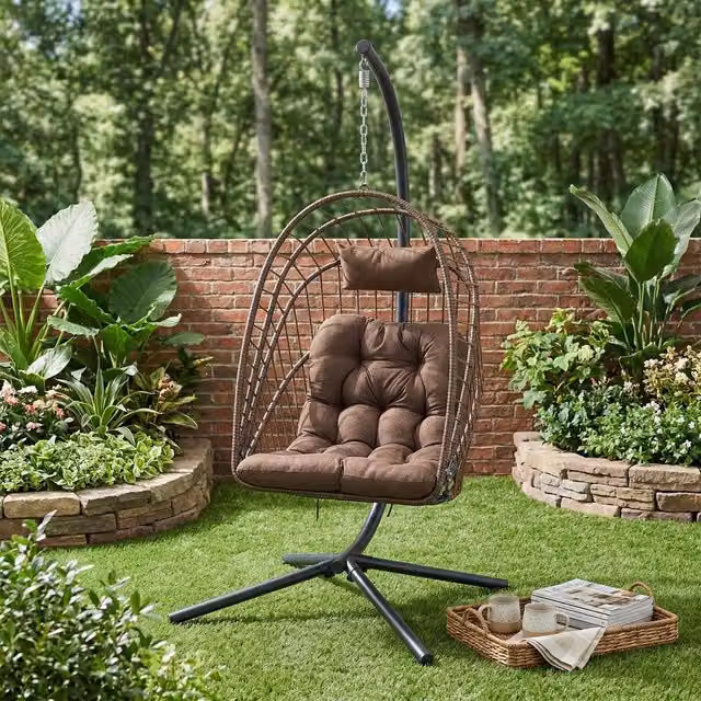 Living and Home Brown Hanging Egg Chair with Cushion and Headrest featuring Rattan and Metal Frame