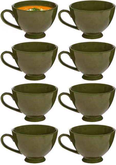 Dibor Montmartre Set of 8 Large Olive Green Ceramic Tea Cups and Coffee Mugs