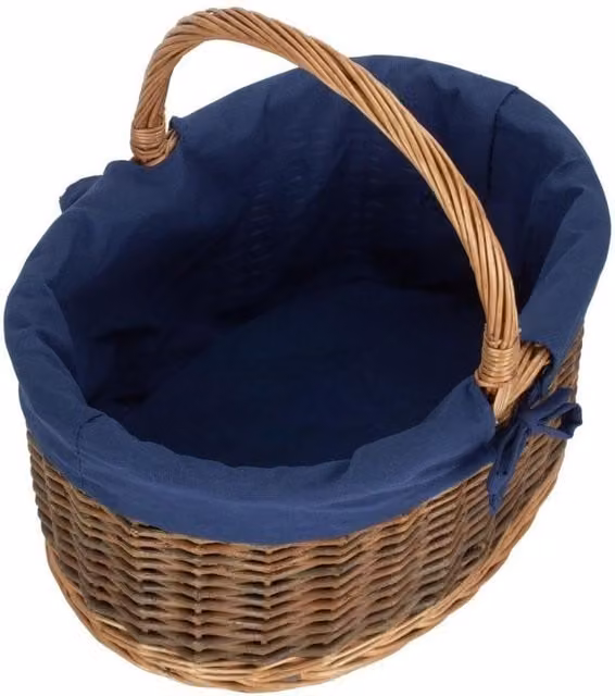 Red Hamper Large Wicker Country Oval Shopping Basket with Cotton Lining in Dark Blue