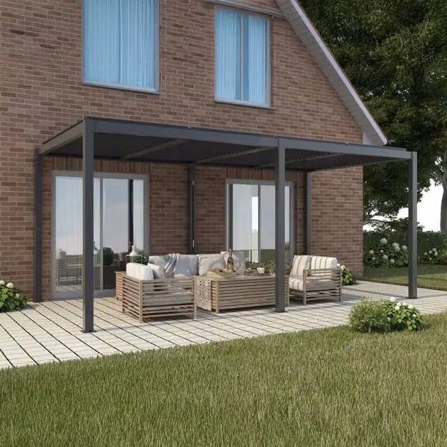 Primrose Living Deluxe Charcoal Veranda with Louvered Shutter Roof in Anthracite Grey, W: 600 cm, D: 300 cm, H: 230.6 cm