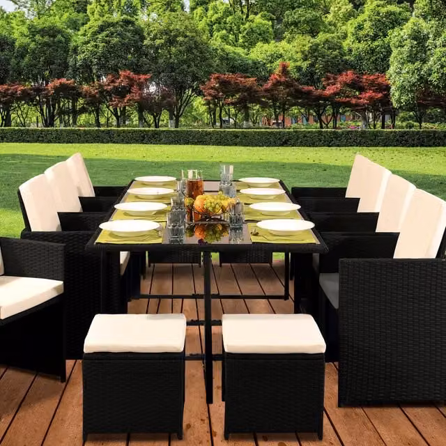 Comfy Living 13 Piece Black Cube Rattan Garden Furniture Set with Metal Frame and Upholstered Fabric Seats