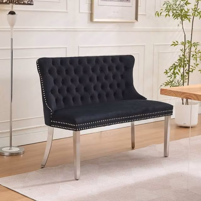 HomeTouch Modern Velvet Double Dining Loveseat Bench with Chrome Steel Legs in Black