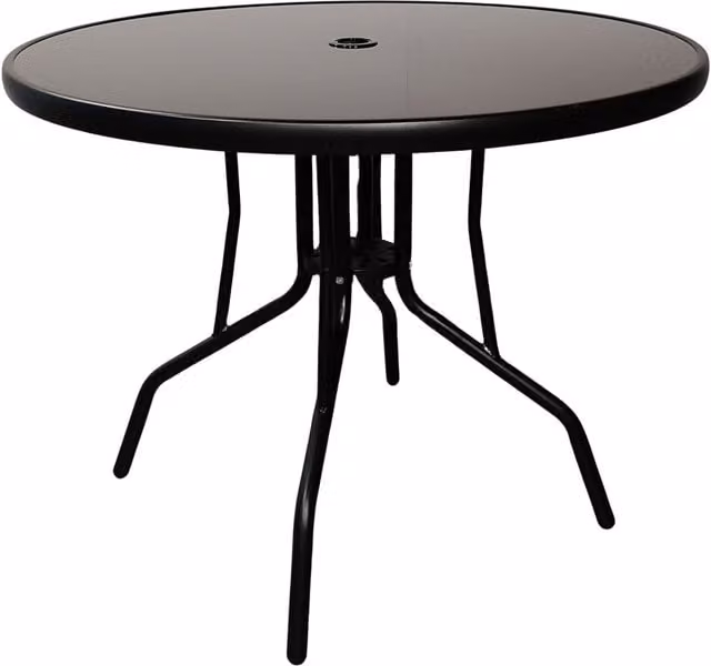 Samuel Alexander Round 4 Person Patio Table with Glass Top and Parasol Hole in Black