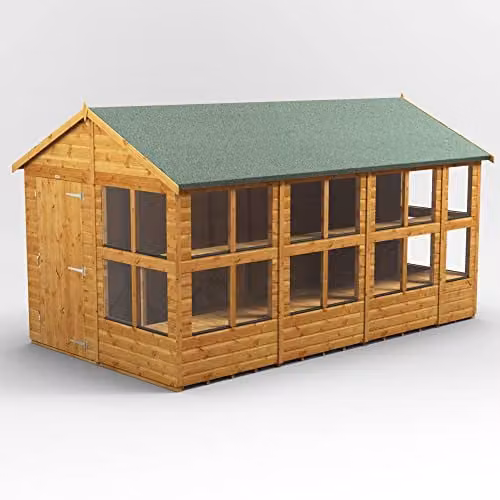 POWER Apex Wooden Potting Greenhouse with Toughened Glass and PVC Window Sills, Brown
