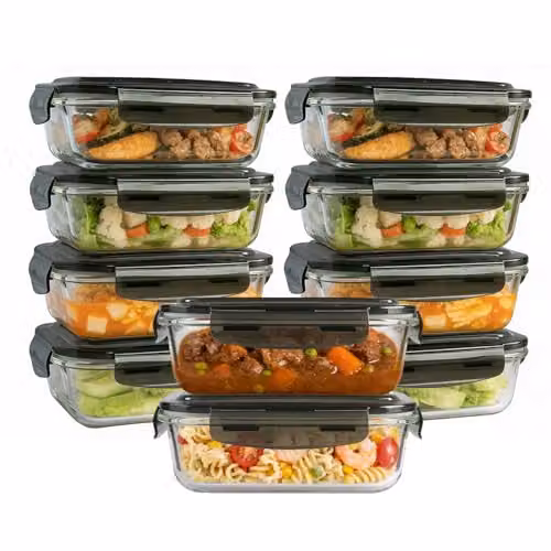 MantraRaj 10 Pack Airtight and Leakproof Glass Meal Prep Containers with Lids, 380ml, Blue and Transparent