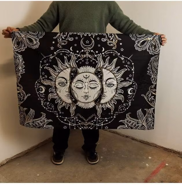 KDMD Sun Goddess Cotton Wall Art, Black, Gold and White Boho Celestial Textile Hanging, W: 70 cm, H: 110 cm
