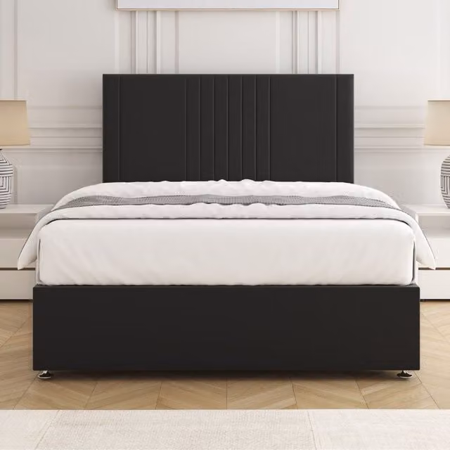 BSSPOKE Monaco Velvet Plush Small Double Divan Bed Set with 24 inch Headboard and Mattress in Black, W/D/H: 120 x 200 cm