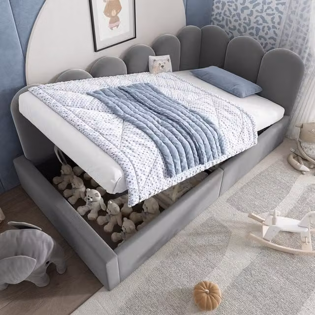 Aosom UK Modern Velvet Daybed with Hydraulic Storage and Upholstered Frame, Grey, L: 200 cm, W: 97 cm, H: 76 cm