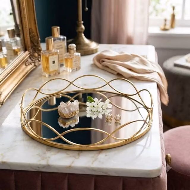 Dynasty Home UK Round Abstract Golden Wave Mirror Decorative Tabletop Tray, Gold, Diameter: 30 cm