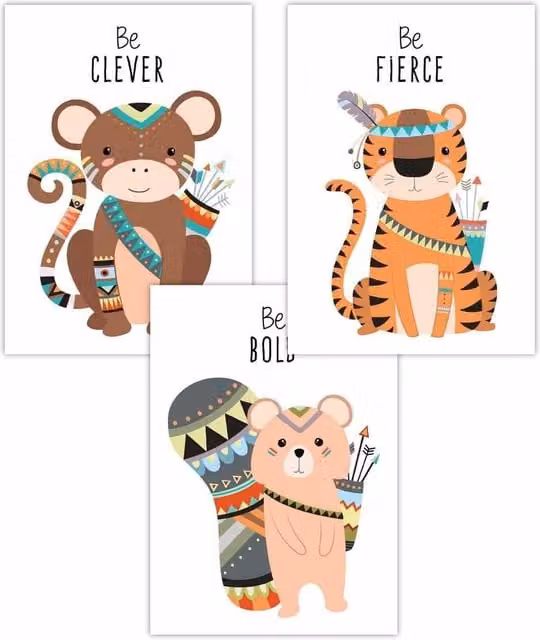 ARTZE Set of 3 Nursery Tribal Animal Quote Art Posters in Orange, W: 59 cm, H: 84 cm