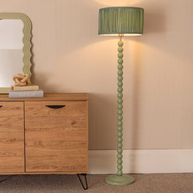 Bobbins Sage Floor Lamp with Ruched Drum Shade and LED Bulb in Green and Wood