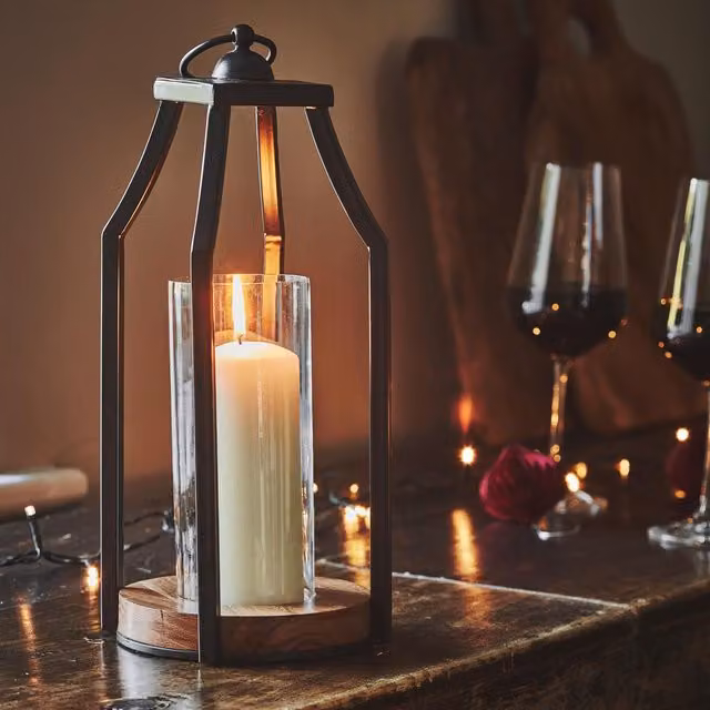 Ivyline Felicity Circular Base Tabletop Lantern in Black Acacia Wood and Metal, H30cm x W14cm