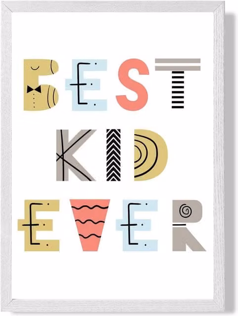 ARTZE Best Ever Kid Scandi Quote Framed Print, Yellow and Multicolour Typography Poster with White Frame