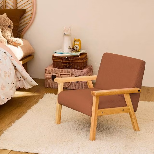 sweeek Children's Scandi-style Armchair in Terracotta Bouclé Fabric with Rubberwood Legs, W/D/H: 50.0 x 43.5 x 47.0 cm
