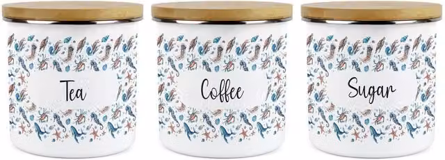 Purely Home Sea Art Blue Ceramic Tea, Coffee and Sugar Kitchen Canister Set of 3