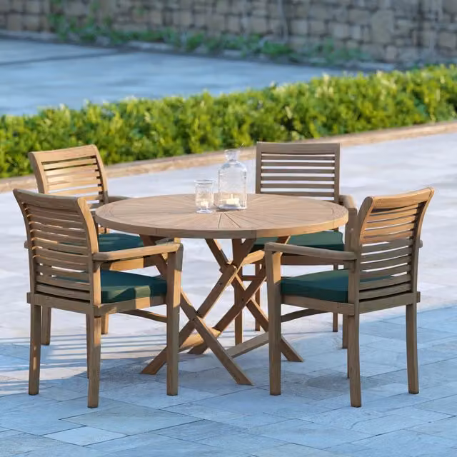 Eterna Round Teak Garden Dining Set with 4 Chairs in Brown and Green, W/D/H: 120 x 120 x 60 cm