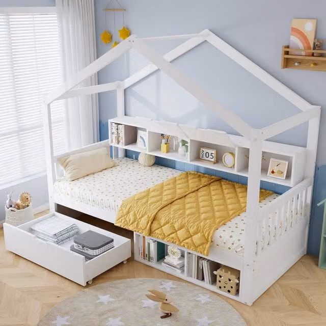Rolipo Childrens White Wooden House Bed with Storage Drawers and Guardrail, W/D/H: 90 x 190 cm
