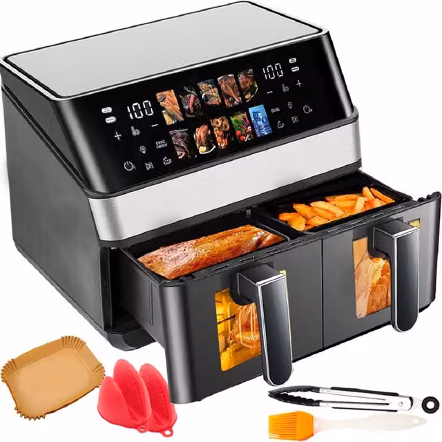 Hinsinc 10L Dual-Zone Digital Touchscreen Air Fryer with Two Baskets, Black