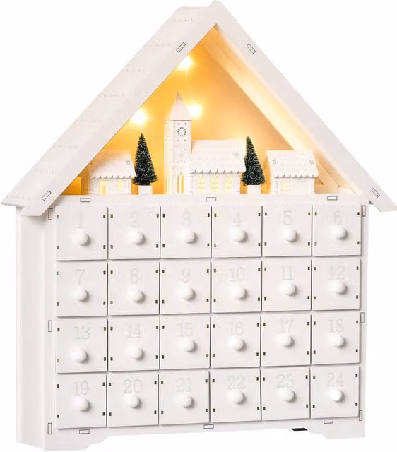 HOMCOM White Wooden Christmas Advent Calendar Tabletop Light Up Village House with Countdown Drawers