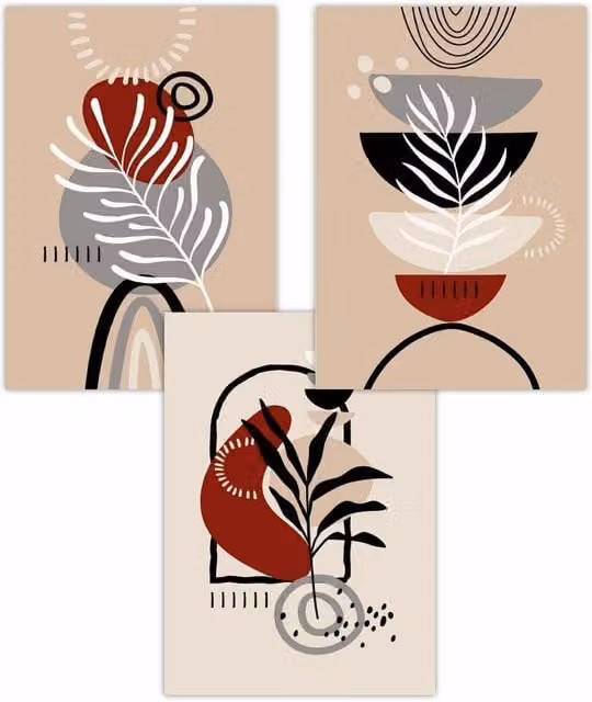 ARTZE Set of 3 Boho Abstract Floral Wall Art Posters in Black, Beige, Red and Grey, W: 50 cm, H: 70 cm