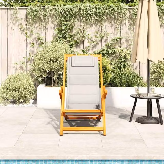Berkfield Home Beautiful Folding Beach Chair with Armrests and Adjustable Headrest in Light Grey Acacia Wood
