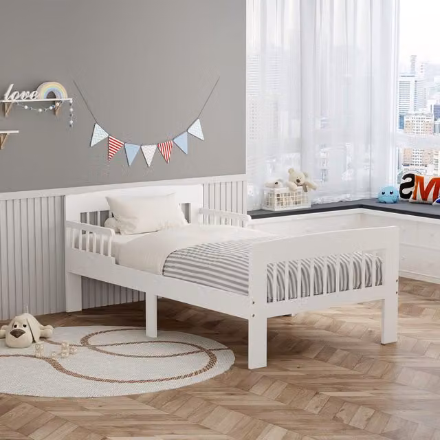 WestWood Solid Wood Montessori Junior Toddler Bed Frame with Safety Rail Guard, White, 90 x 190 cm