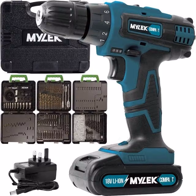 MYLEK 2 Speed Cordless Drill BMC in Green with Carry Case and 204 Piece Accessory Kit