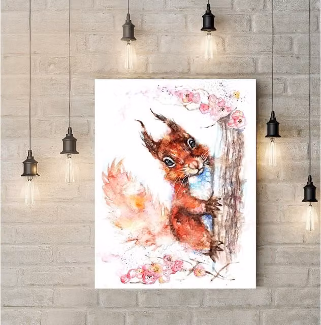 BebesArts Red Squirrel and Blossom Canvas Wall Art, Brown, W: 76.2 cm x H: 50.8 cm