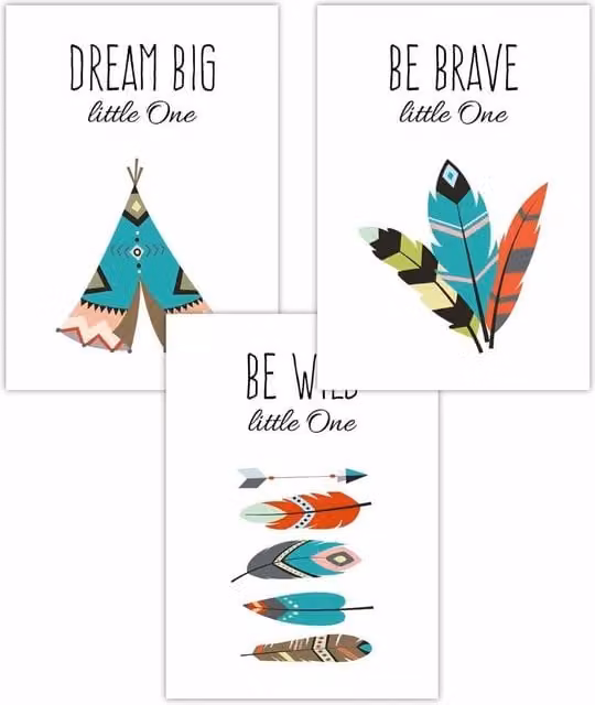 ARTZE Set of 3 Boho Tribal Quote Nursery Wall Posters, Multicolour, W: 42 cm, H: 59 cm