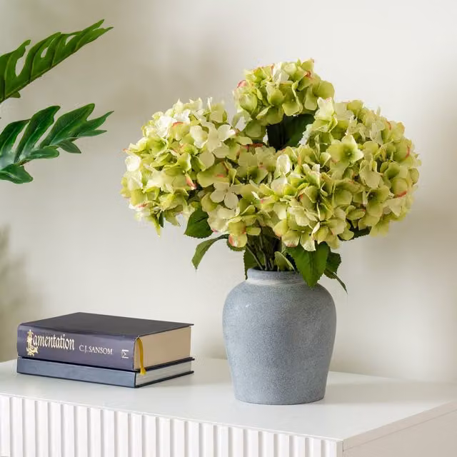 Scottish Everlastings Ltd Green Hydrangeas in a Grey Ceramic Vase, Height: 50 cm