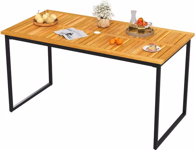 Gymax 6-Person Acacia Wood Dining Table with Umbrella Hole in Khaki, W/D: 140 x 70 cm