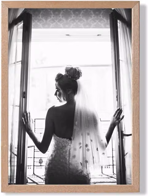 ARTZE Bride in Window Fashion Black and White Framed Photo Print with Oak Frame, A3