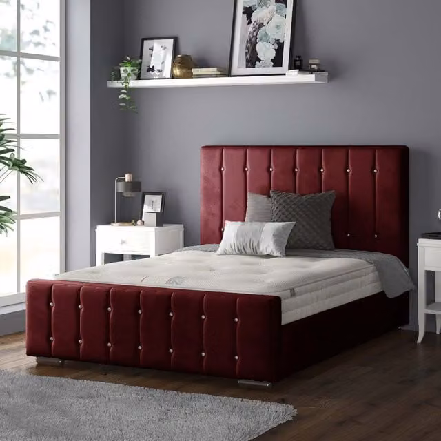IH Design Anastasia Striped Plush Velvet Bed Frame with Diamonds in Red, 180 x 200 cm