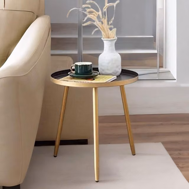 FURNOS Small Round Metal Side Coffee Table in Gold and Black