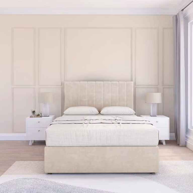Sloomy Kansas Plush Bed Set with 4 Drawers, Mattress and 54 inch Headboard in Beige, W/D/H: 180 x 200 cm