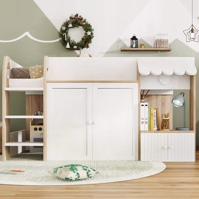 Merax White Mid Sleeper Cabin Bed Frame for Children with Stairs and Side Compartments, W/D/H: 195 x 90 x 118 cm