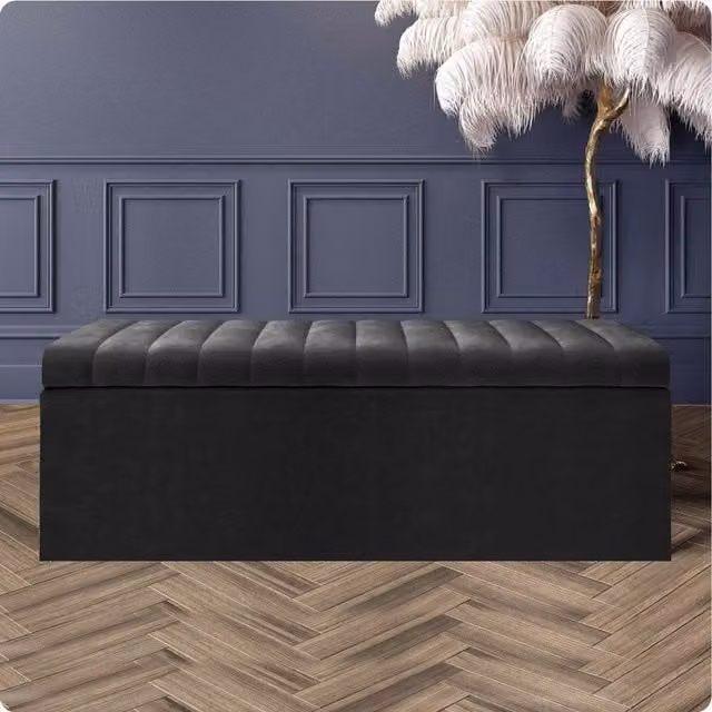 R&M Furnishers Safar Ottoman Storage Box, Striped Plush Velvet Upholstered Blanket Chest in White and Black
