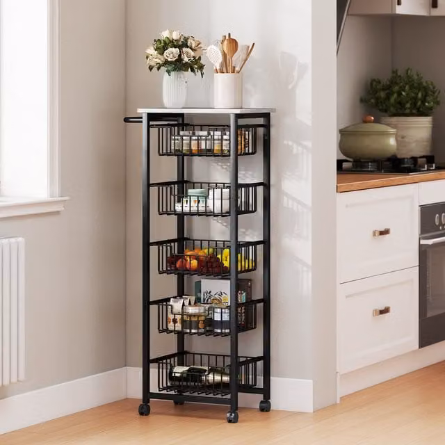 HOMCOM Modern Kitchen Island on Wheels with 5 Pull-Out Metal Baskets in Light Grey