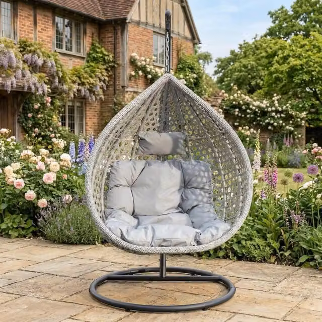 Rosewood & Stone Home Saltram Single Egg Chair in Light Grey with Rattan and Metal Frame