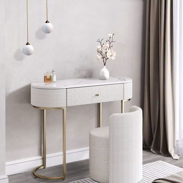 Carme Romy Boucle Dressing Table with Hattie Boucle Stool in Ivory