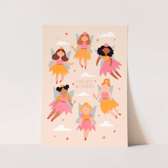 Kid of the Village I Believe In Fairies Fine Art Paper Print in Pink, Yellow and White, W: 50 cm, H: 70 cm