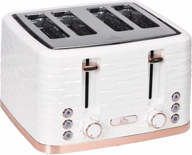 Rolipo White Four Slice Toaster with Polished Ripple Design and Auto Shut-off