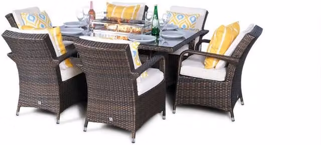 Giardino Arizona Square Rattan Fire Pit Patio Dining Set with 6 Chairs in Brown and Grey