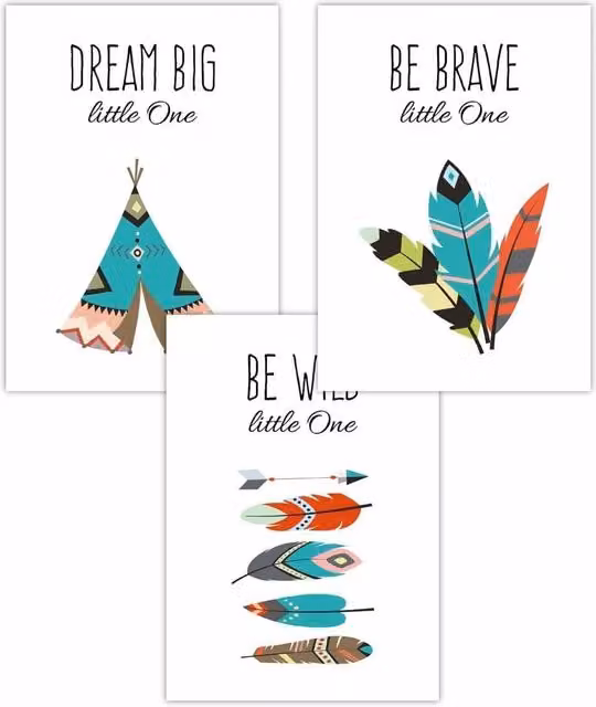 ARTZE Set of 3 Boho Tribal Quote Dream Big Nursery Wall Art Posters, Multicolour, W: 50 cm x H: 70 cm