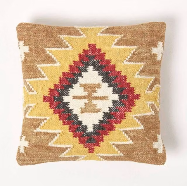 Homescapes Handwoven Brown Ethnic Kilim Cushion with Feather Filling, W/D/H: 45 x 45 x 45 cm