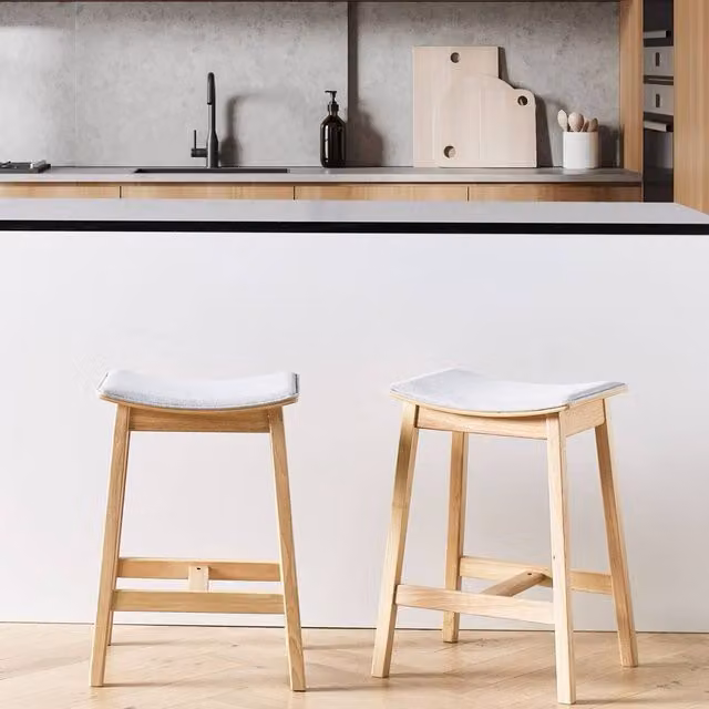 Wyld and Coco Set of 2 Grey Rubberwood Bar Chairs with Upholstered Fabric Seats